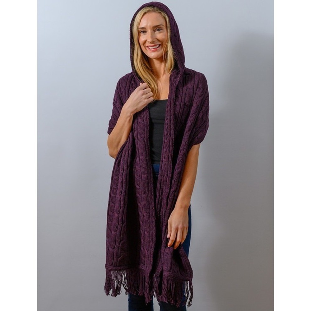 ARAN SWEATER MARKET Hooded Scarf Shawl  Merino Wool Cable Knit Ireland Purple